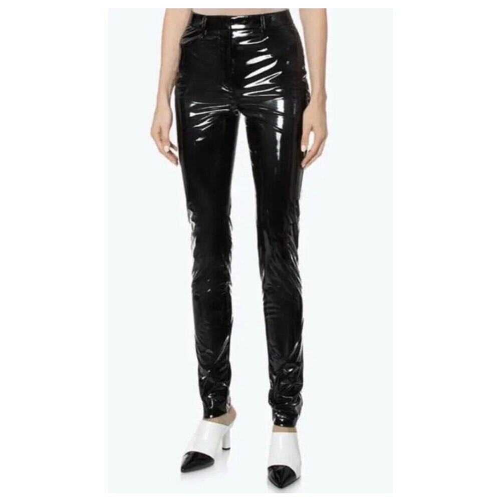 TIBI Tech Patent Faux Leather Skinny‎ Trousers Pants Black Size 4 Costume Biker